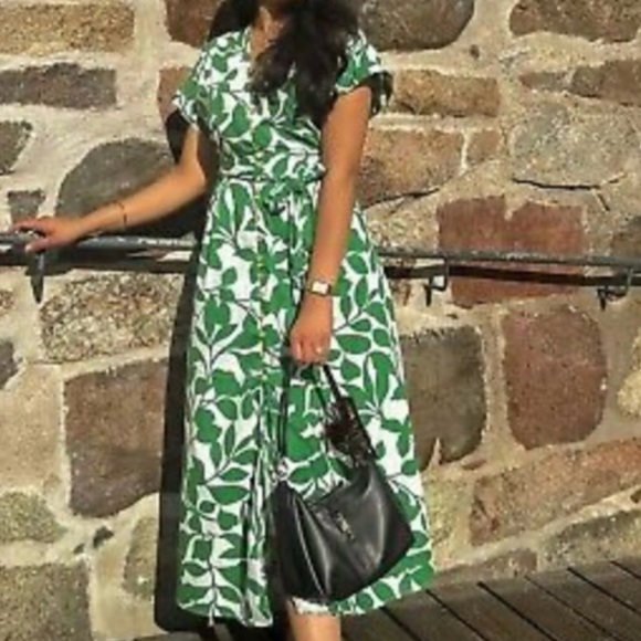 BELTED PRINTED MIDI DRESS GREEN/WHITE . SIZE L - Picture 4 of 13